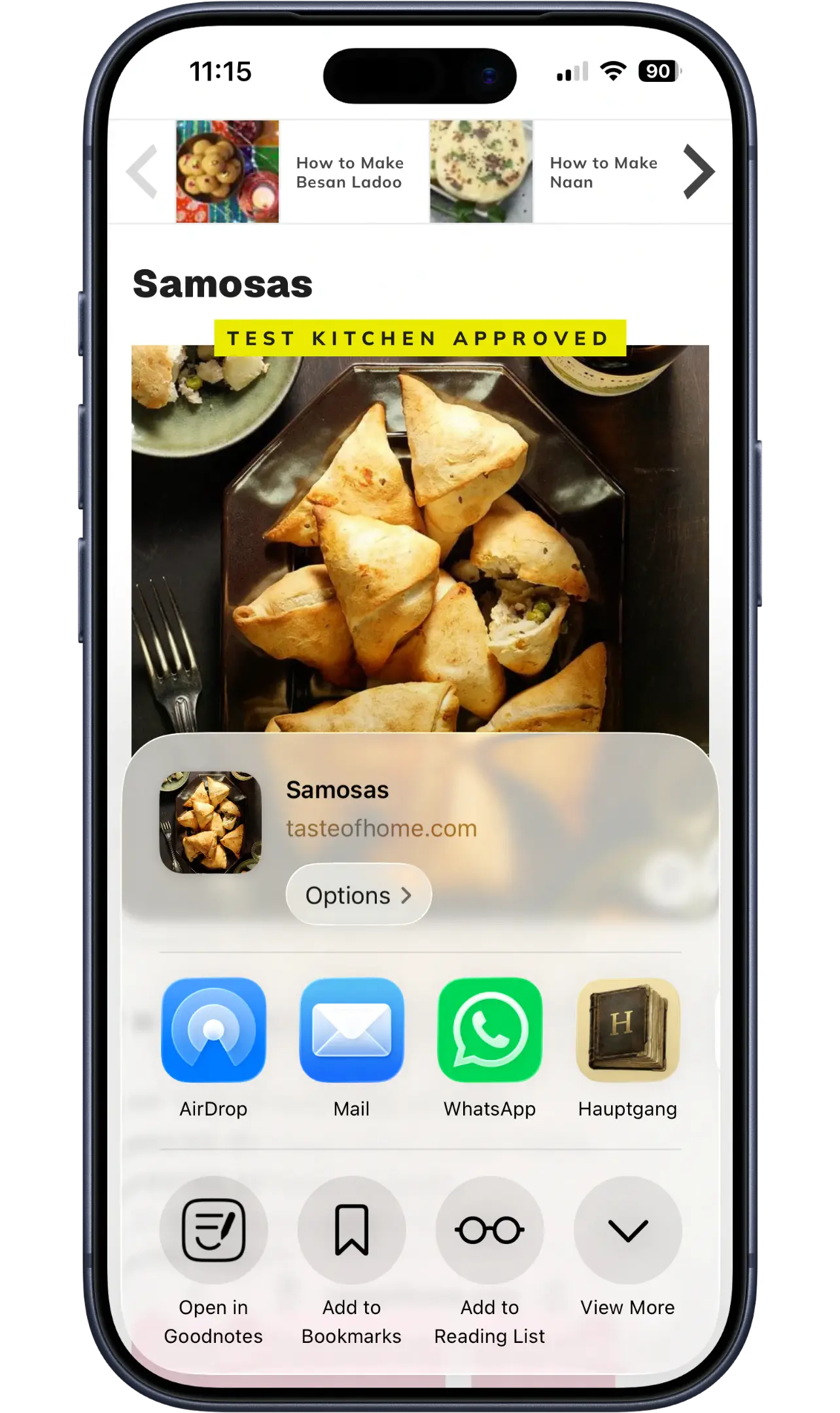 Hauptgang importing a recipe from a website via the iOS share sheet