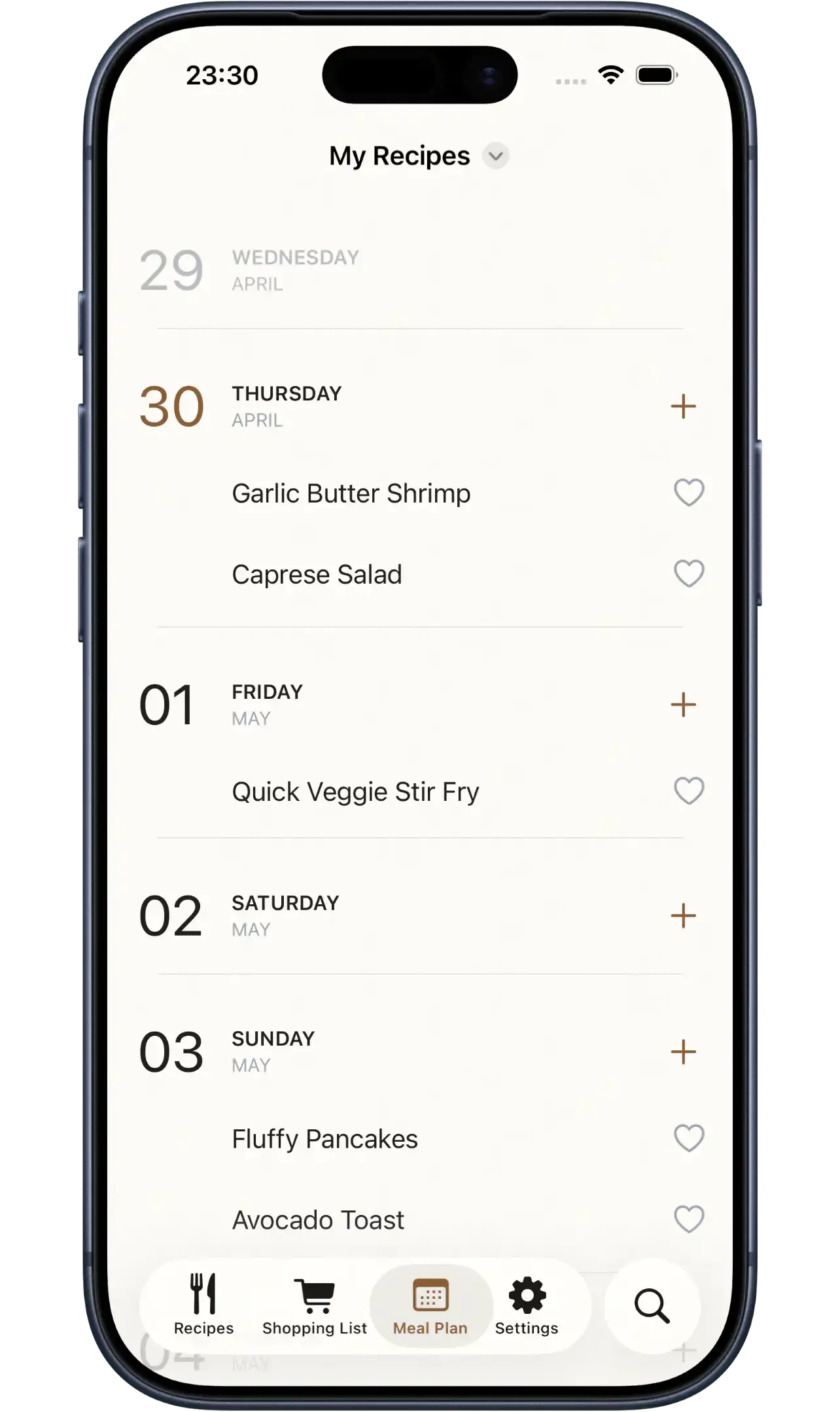Hauptgang weekly meal plan view