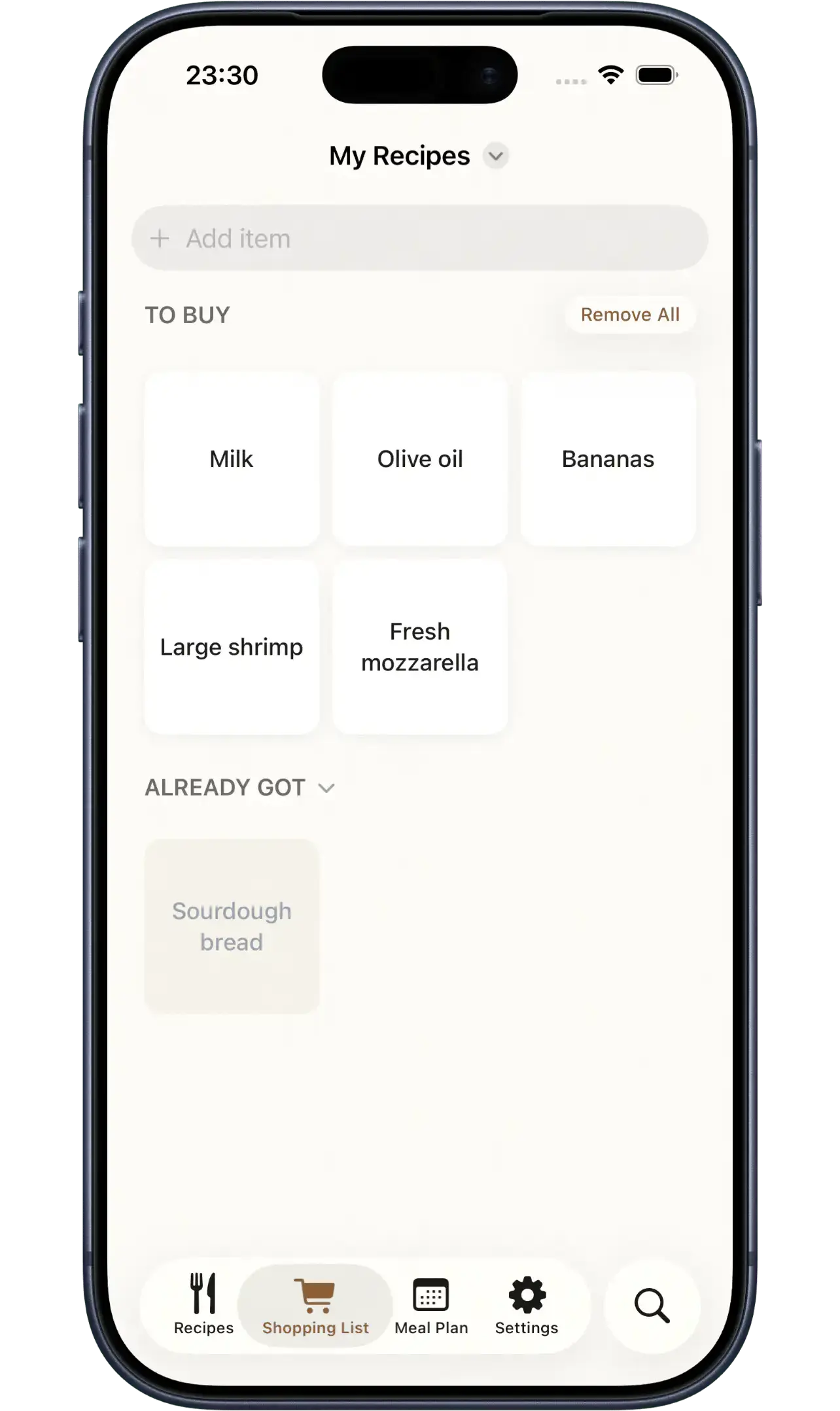 Hauptgang shopping list grouped by aisle